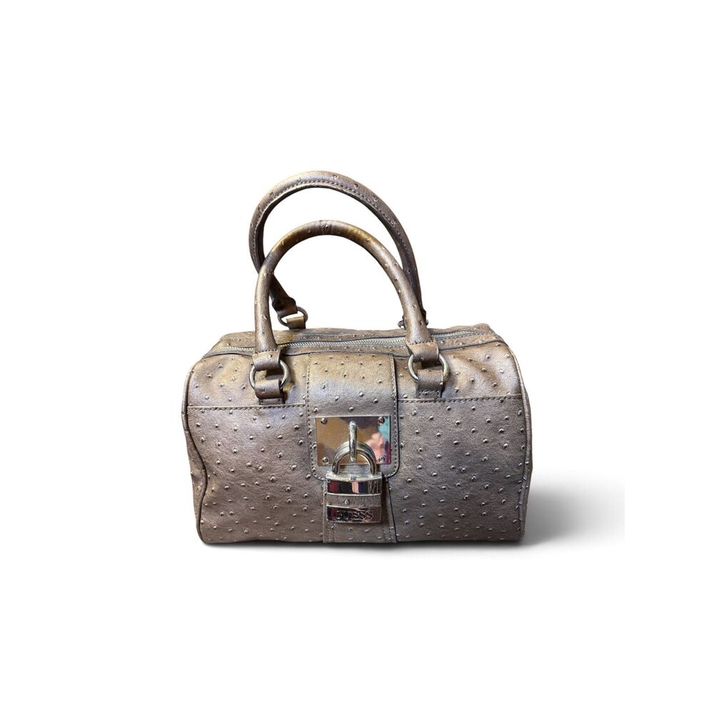 GUESS Katie Jane Y2K Ostrich Embossed Bronze Satchel Padlock Handbag